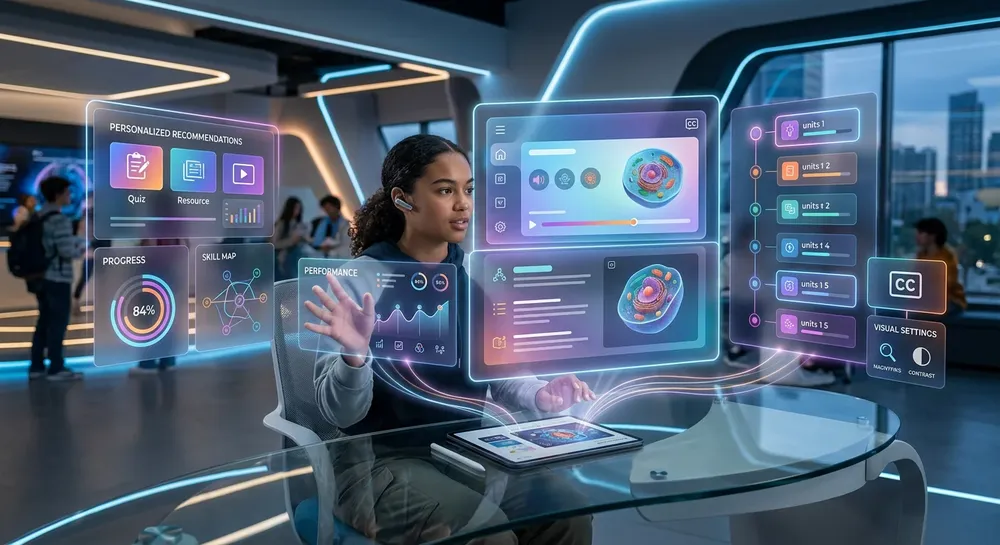 Firefly_Gemini Flash_A futuristic educational technology scene showing a personalized learning platform po 642852