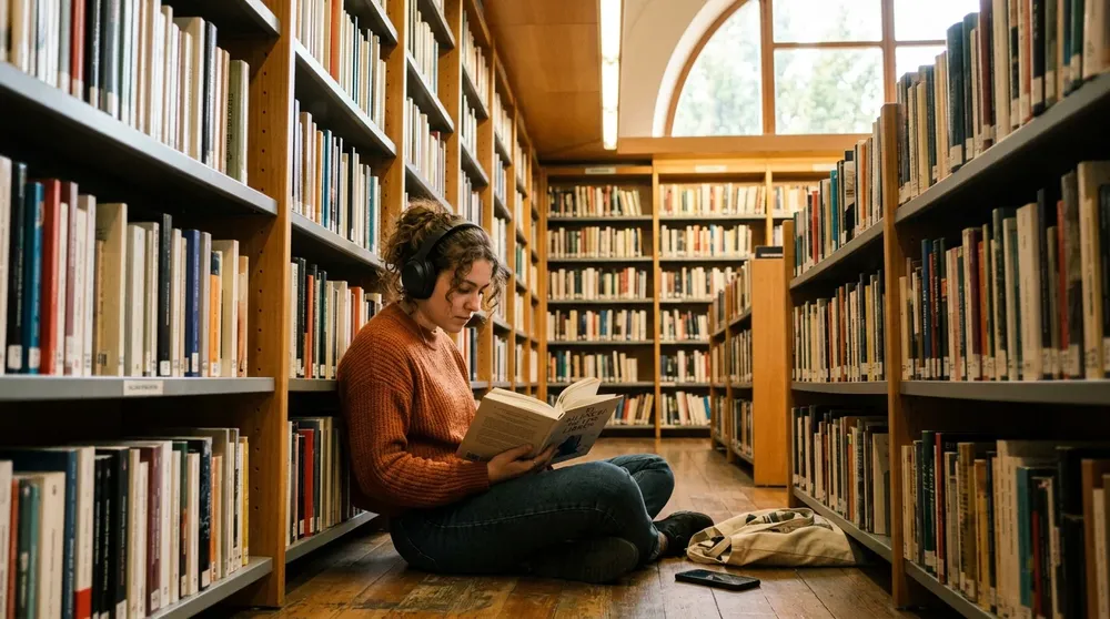 Firefly_Gemini Flash_ Fotografía realista de una persona joven sentada en el suelo de una biblioteca entre 640115